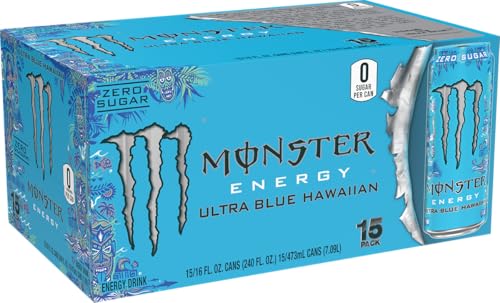 Monster Energy Ultra Blue Hawaiian, Sugar Free Energy Drink, 16 Ounce (Pack of 15)
