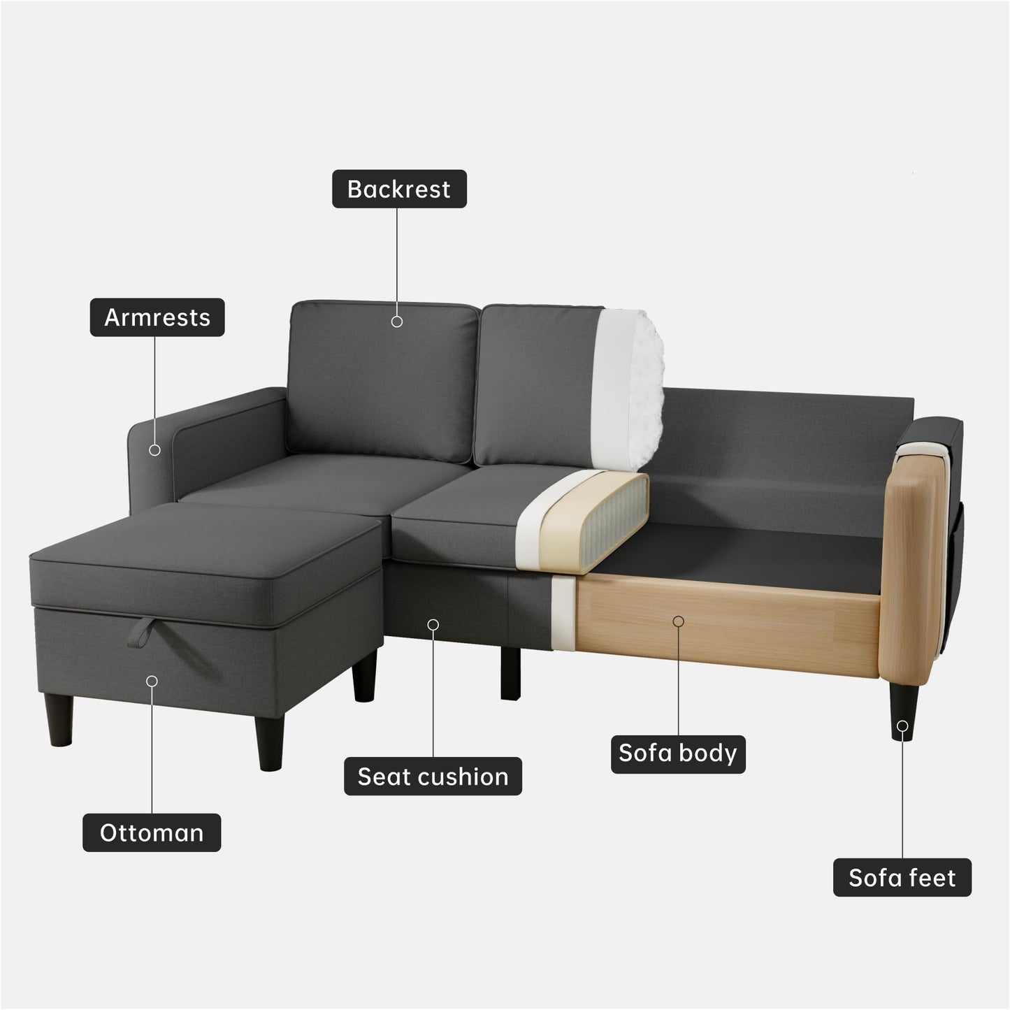 78''L Shaped Dark Grey Linen Couch 3-Seater Convertible Sofas