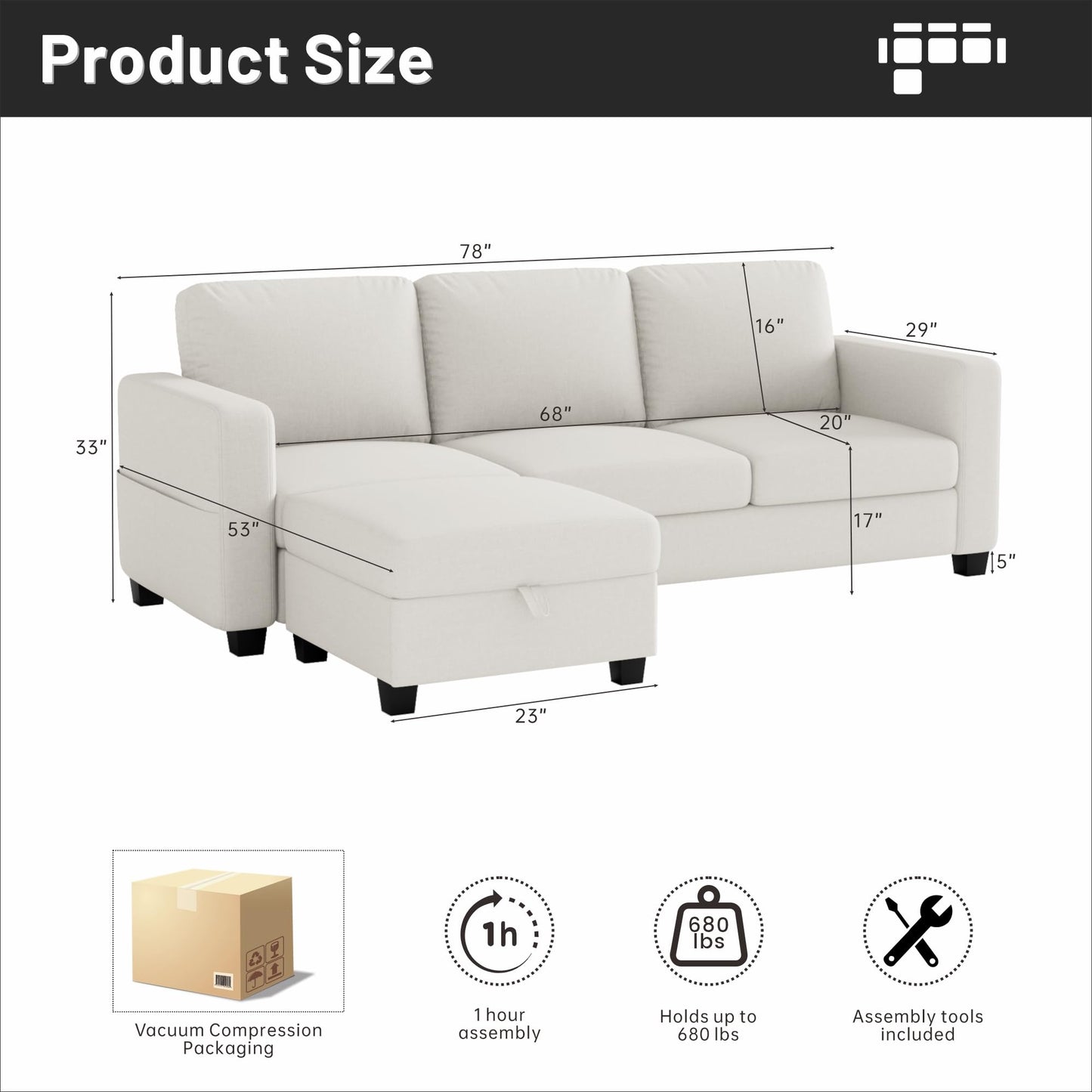 78''L Shaped Dark Grey Linen Couch 3-Seater Convertible Sofas
