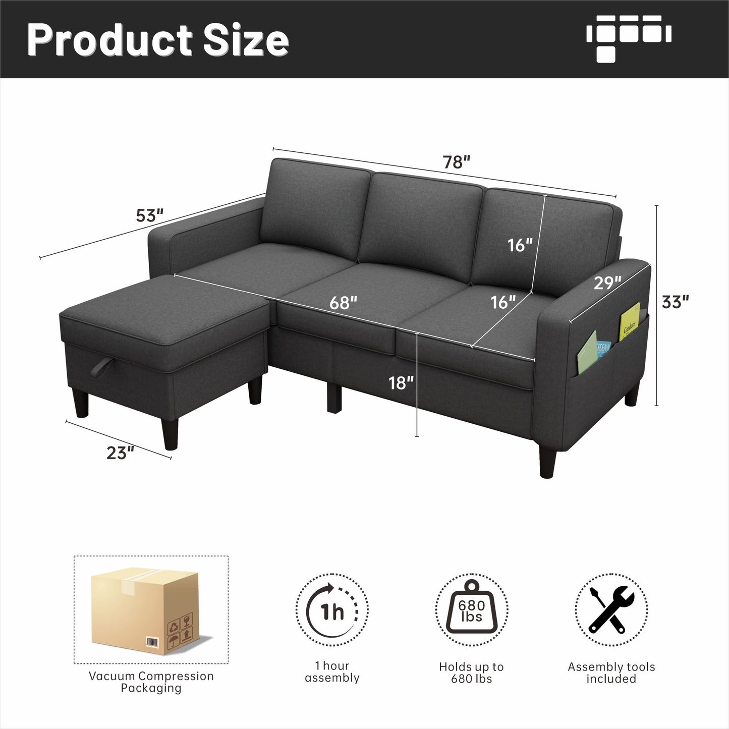 78''L Shaped Dark Grey Linen Couch 3-Seater Convertible Sofas