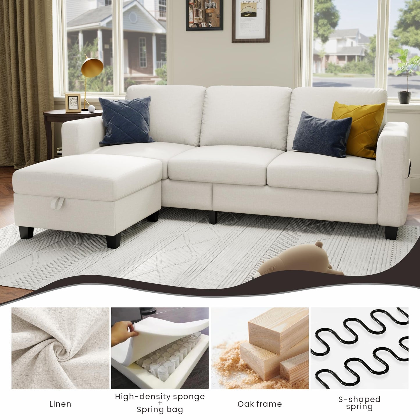 78''L Shaped Dark Grey Linen Couch 3-Seater Convertible Sofas