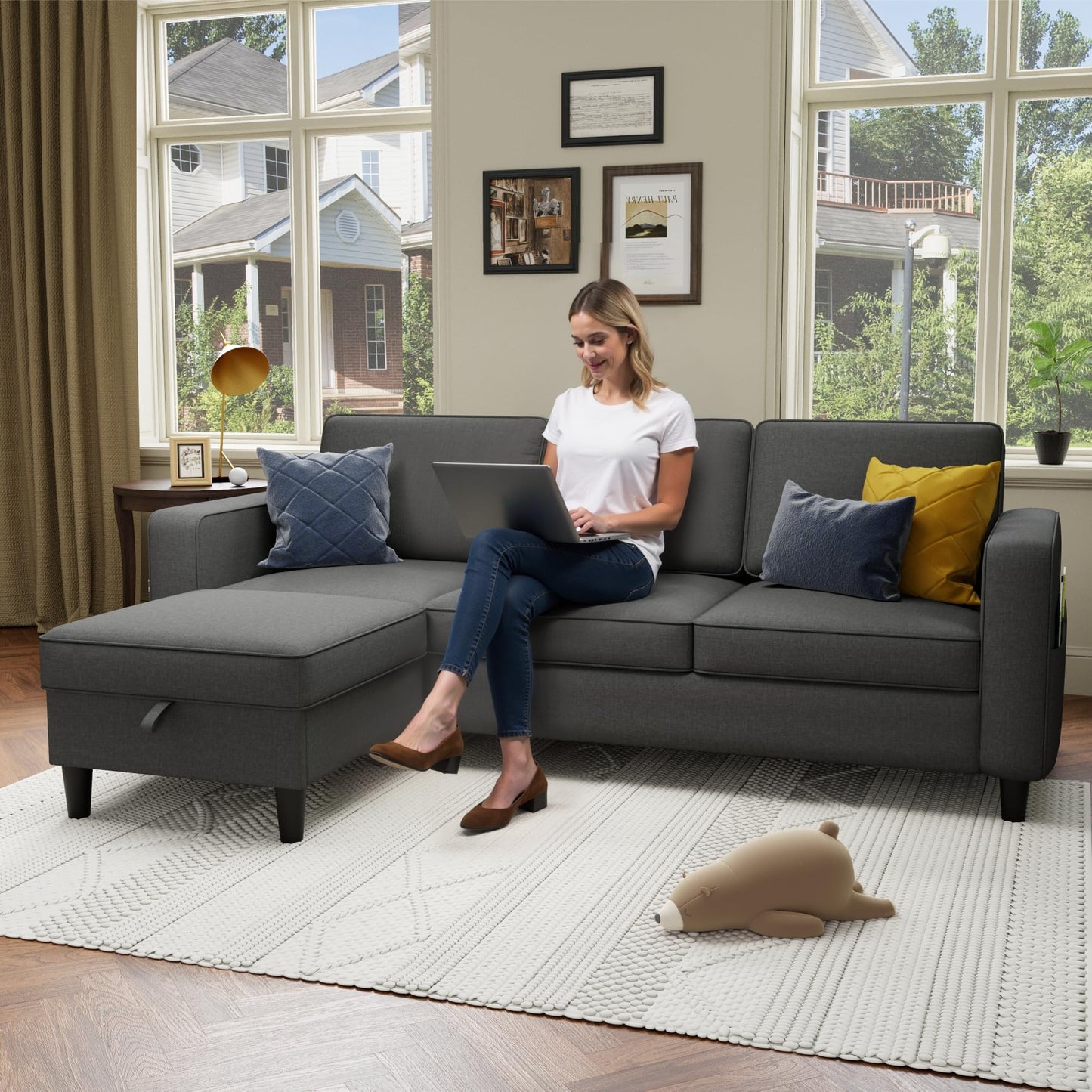 78''L Shaped Dark Grey Linen Couch 3-Seater Convertible Sofas
