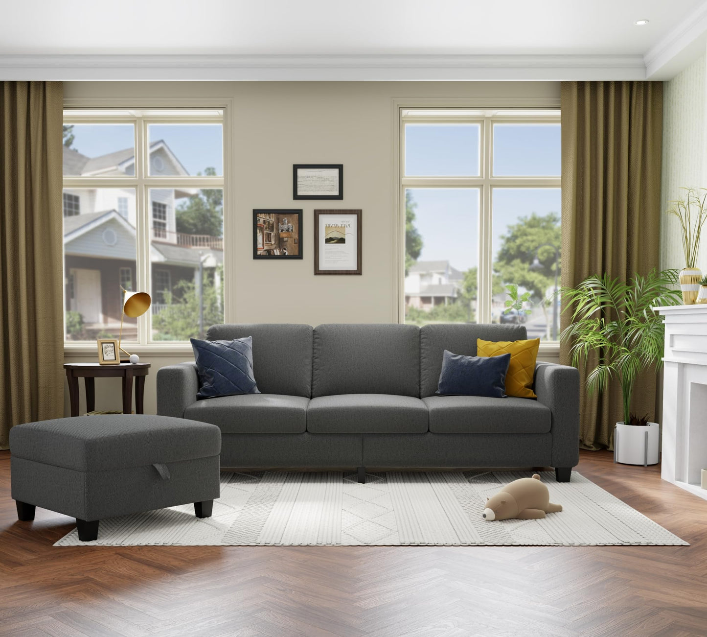 78''L Shaped Dark Grey Linen Couch 3-Seater Convertible Sofas