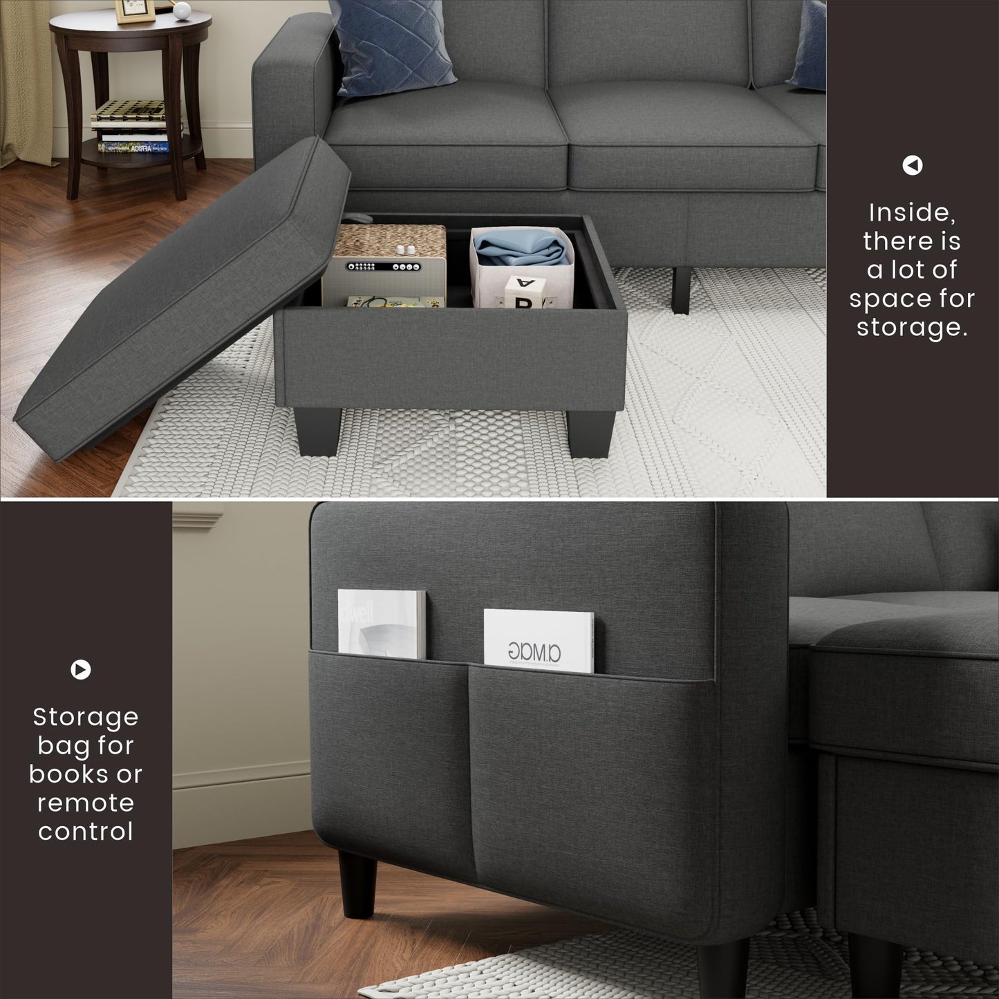 78''L Shaped Dark Grey Linen Couch 3-Seater Convertible Sofas