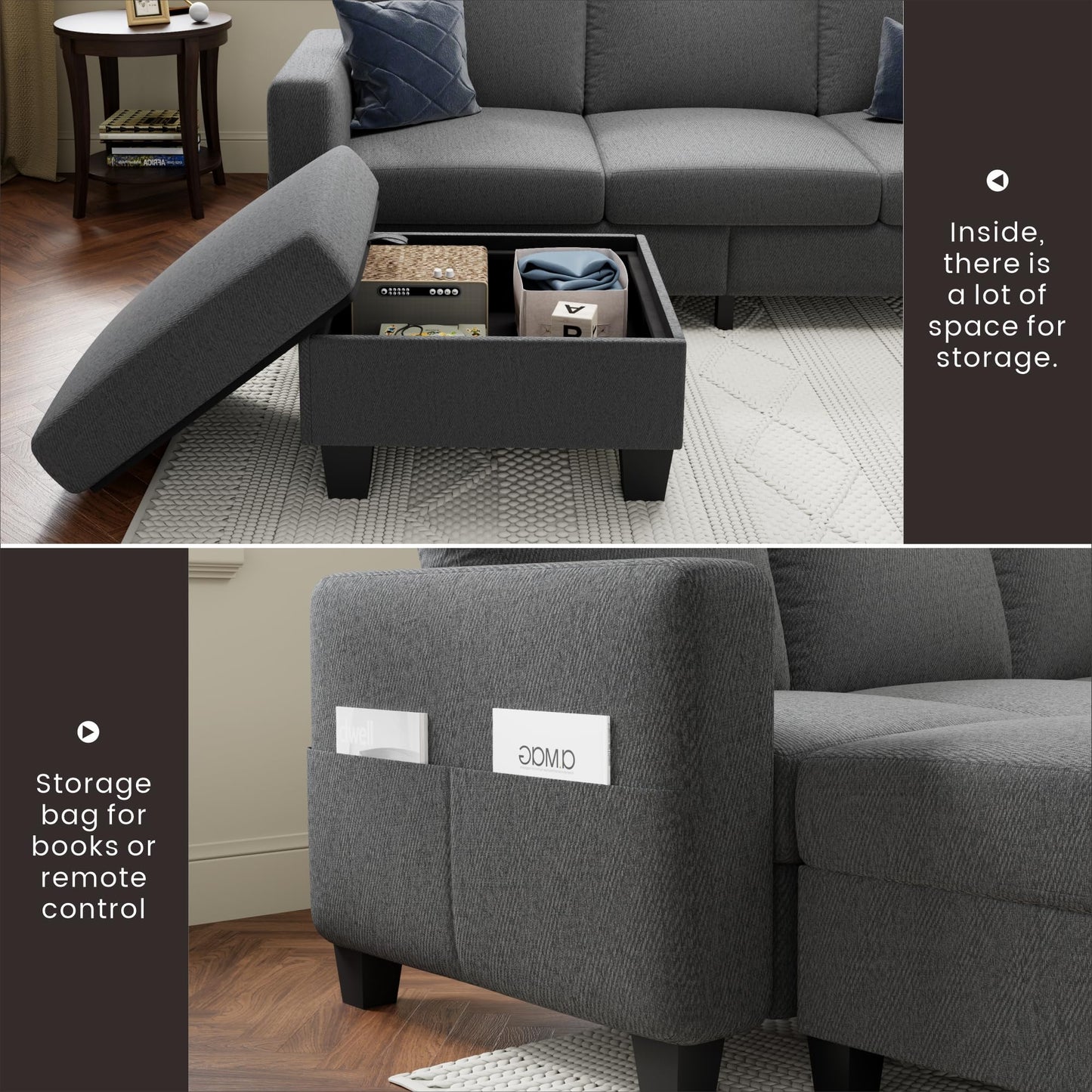 78''L Shaped Dark Grey Linen Couch 3-Seater Convertible Sofas
