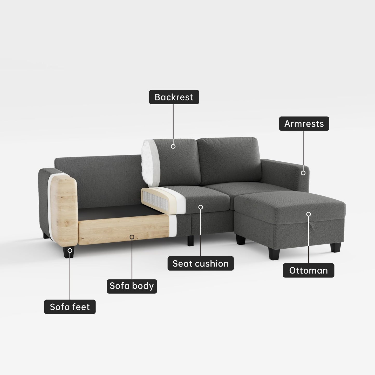 78''L Shaped Dark Grey Linen Couch 3-Seater Convertible Sofas