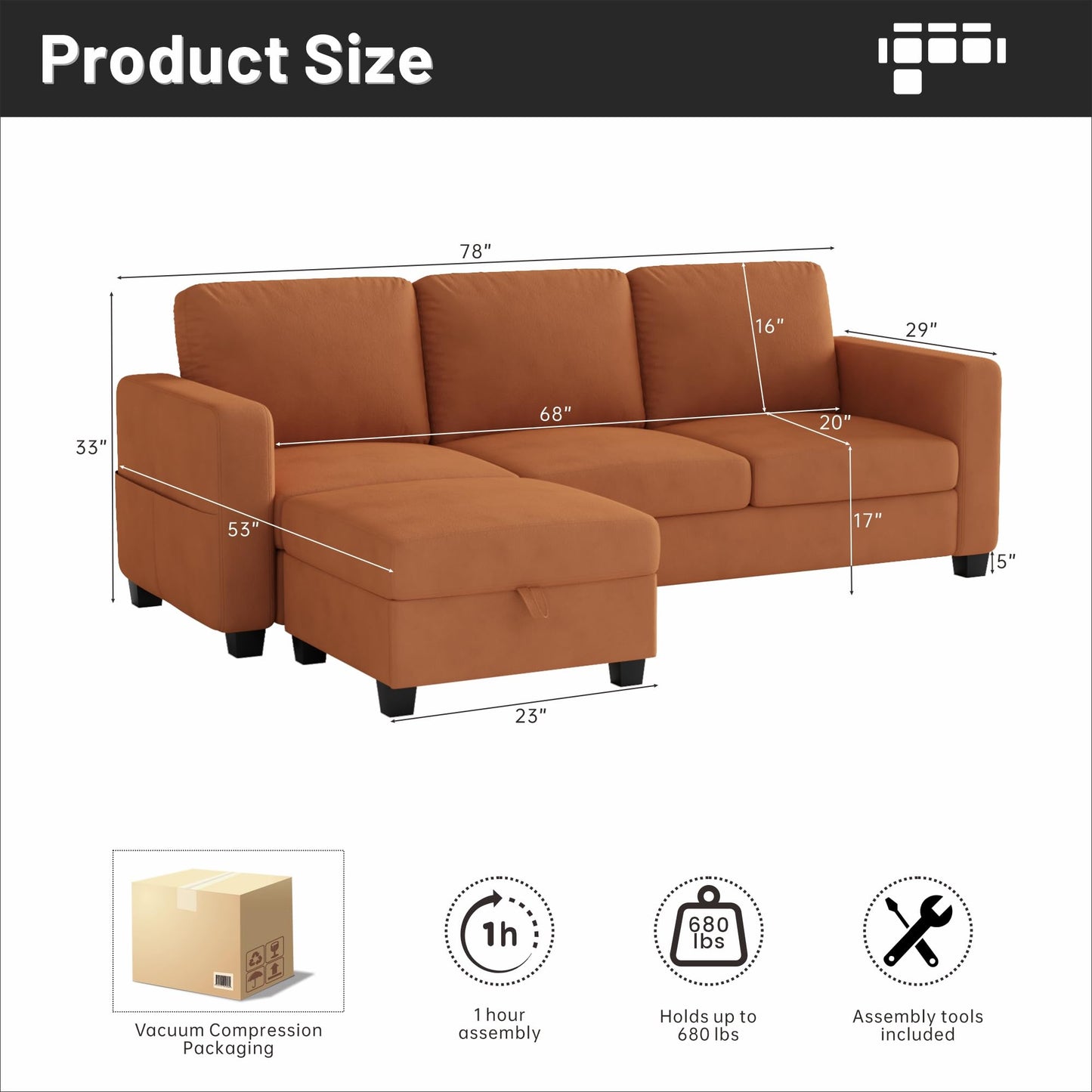 78''L Shaped Dark Grey Linen Couch 3-Seater Convertible Sofas