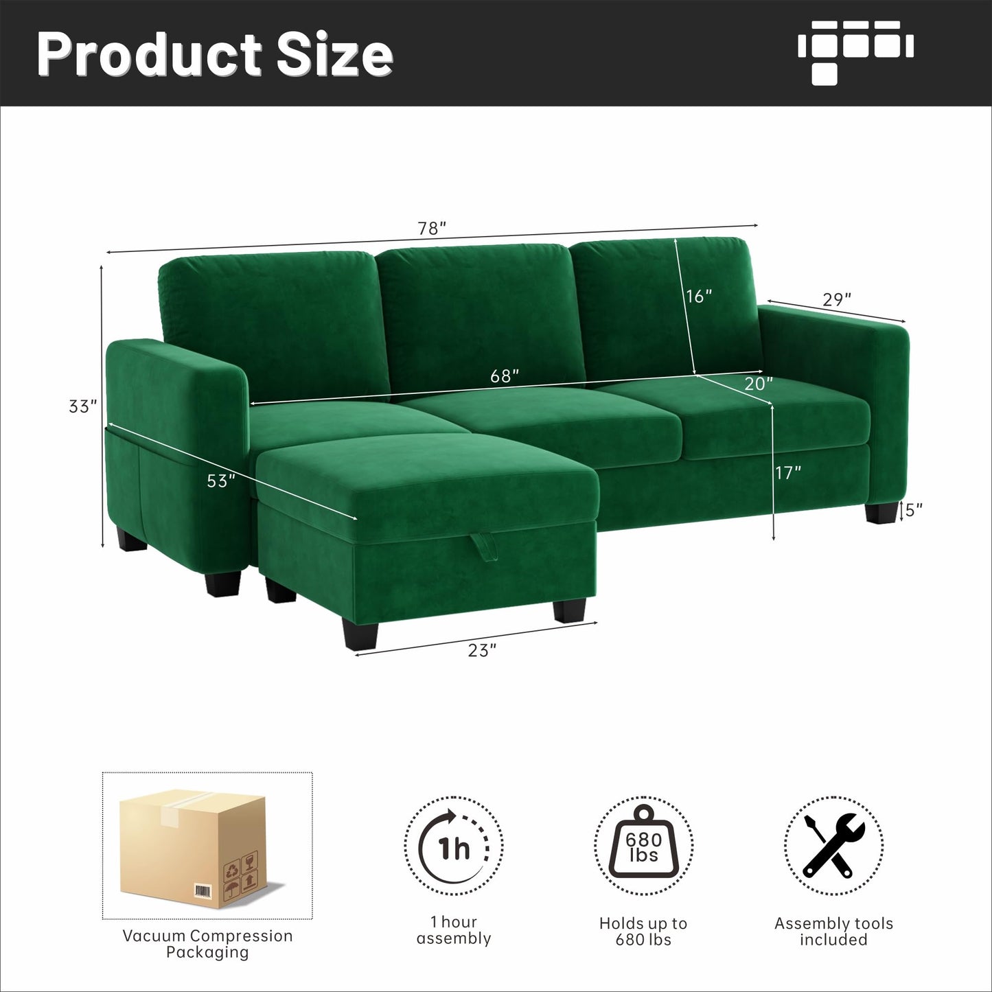 78''L Shaped Dark Grey Linen Couch 3-Seater Convertible Sofas