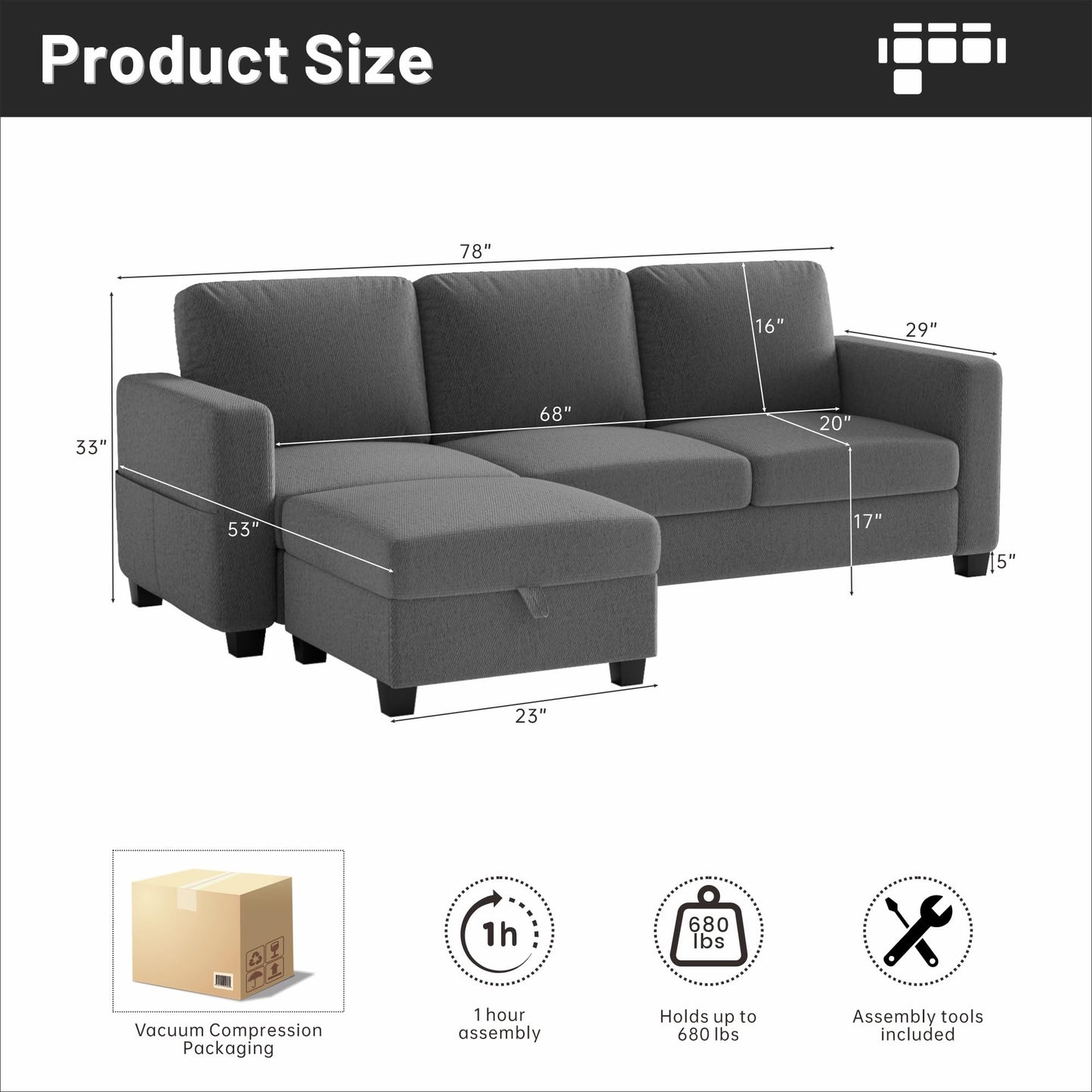 78''L Shaped Dark Grey Linen Couch 3-Seater Convertible Sofas