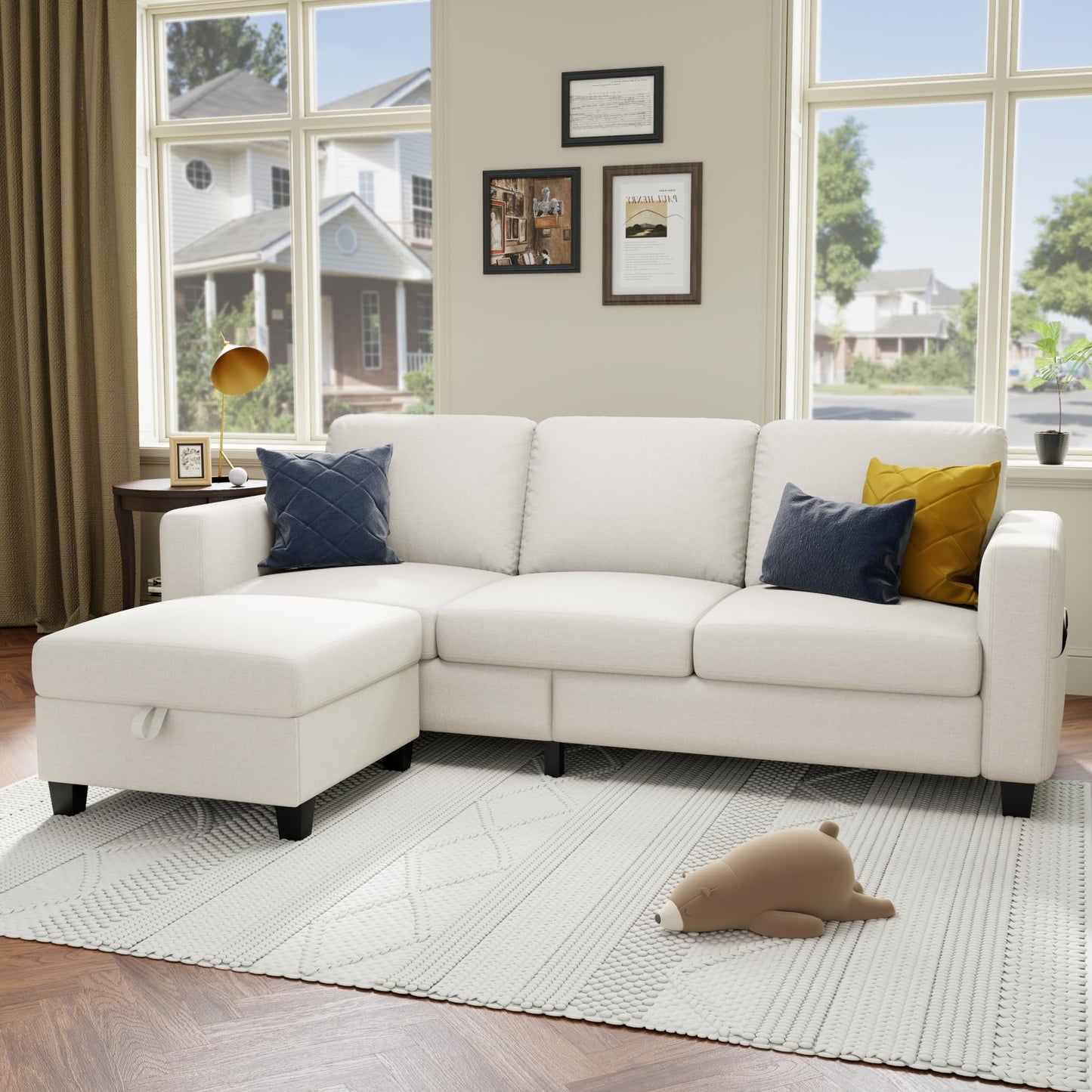 78''L Shaped Dark Grey Linen Couch 3-Seater Convertible Sofas