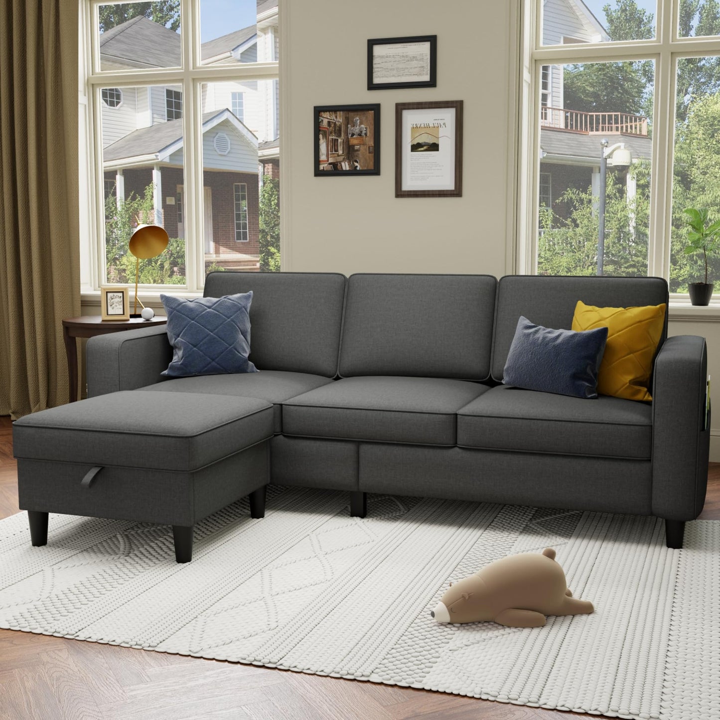 78''L Shaped Dark Grey Linen Couch 3-Seater Convertible Sofas