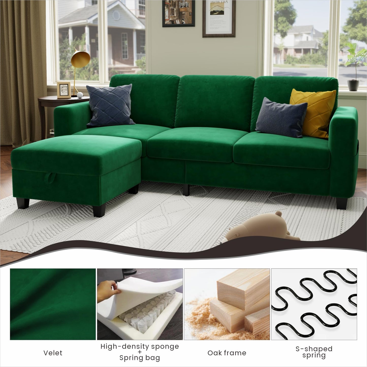 78''L Shaped Dark Grey Linen Couch 3-Seater Convertible Sofas