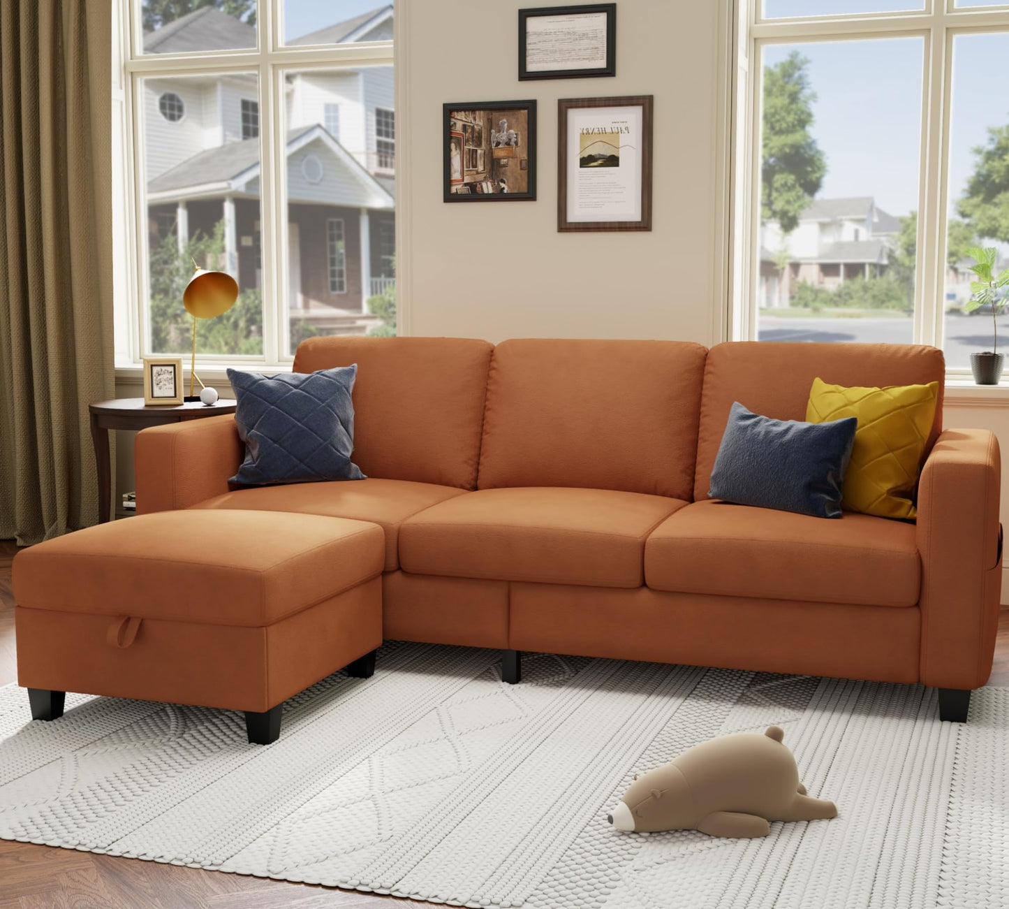 78''L Shaped Dark Grey Linen Couch 3-Seater Convertible Sofas