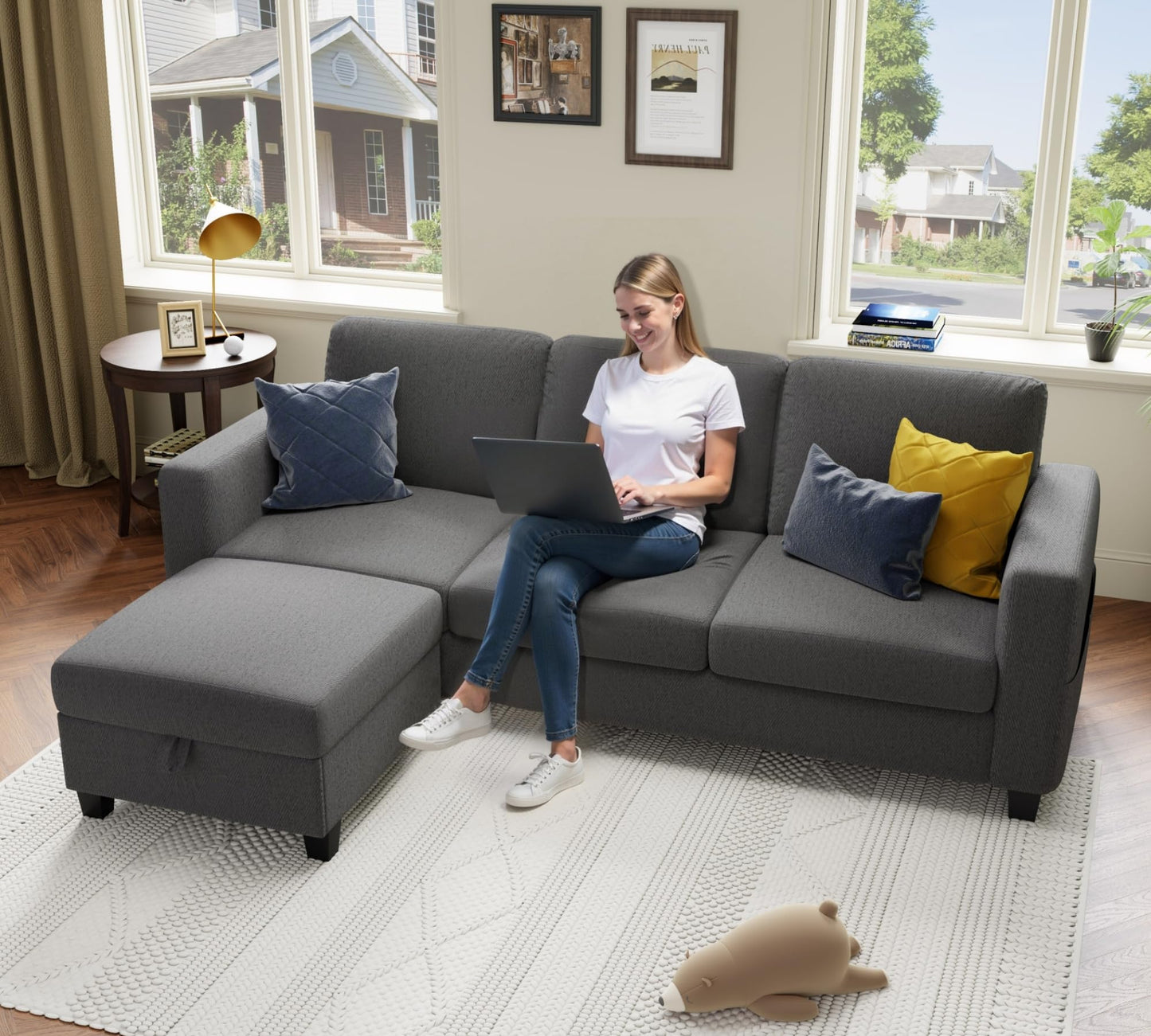 78''L Shaped Dark Grey Linen Couch 3-Seater Convertible Sofas