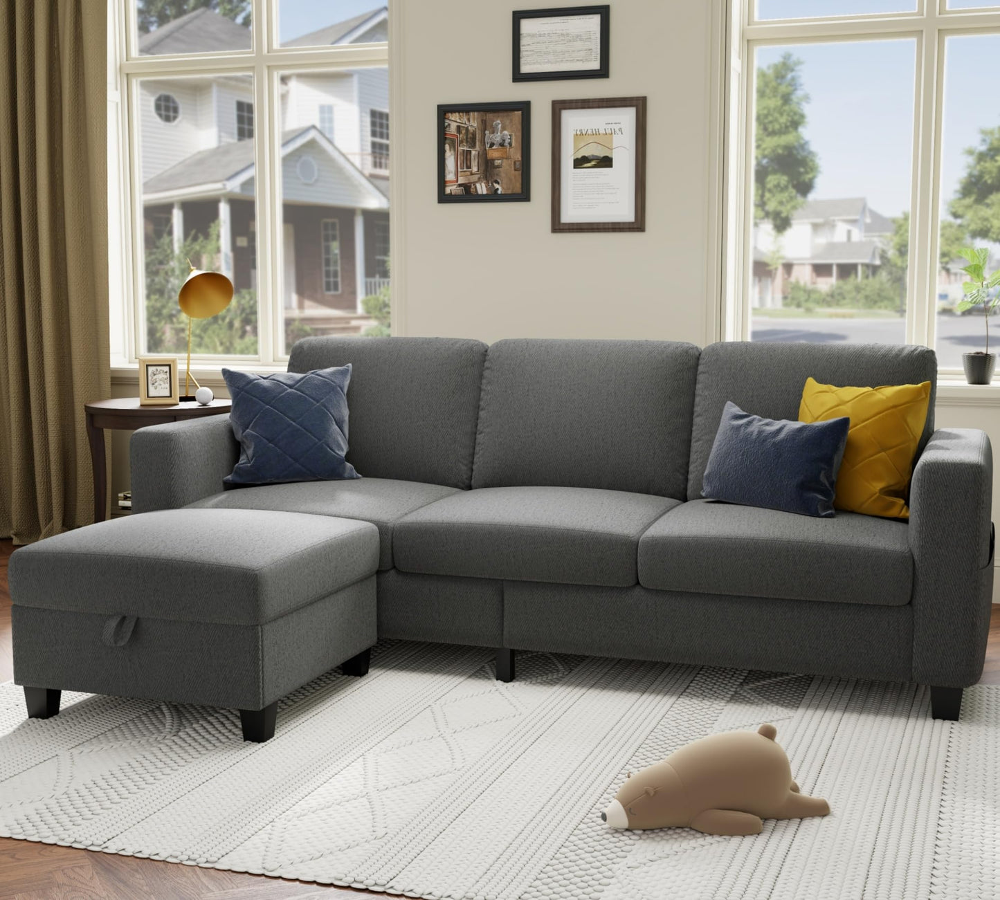 78''L Shaped Dark Grey Linen Couch 3-Seater Convertible Sofas
