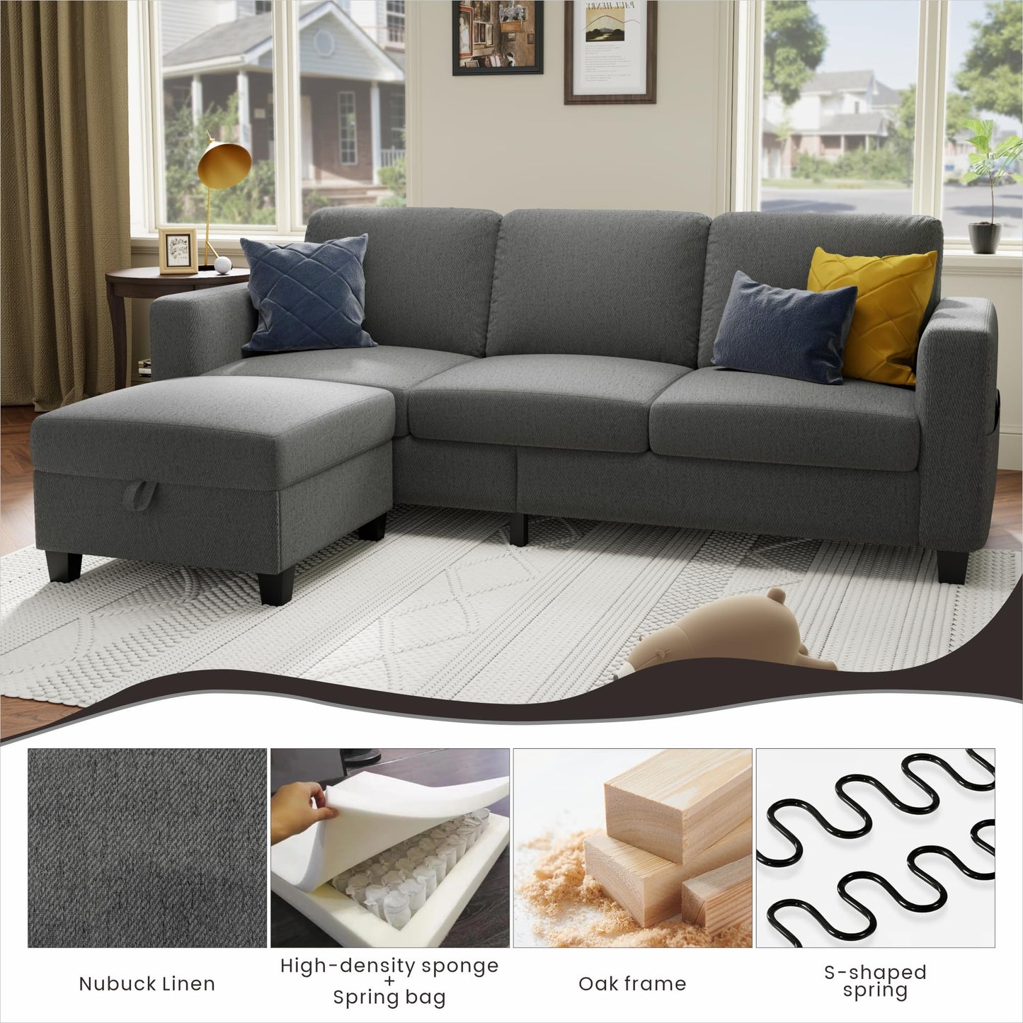 78''L Shaped Dark Grey Linen Couch 3-Seater Convertible Sofas