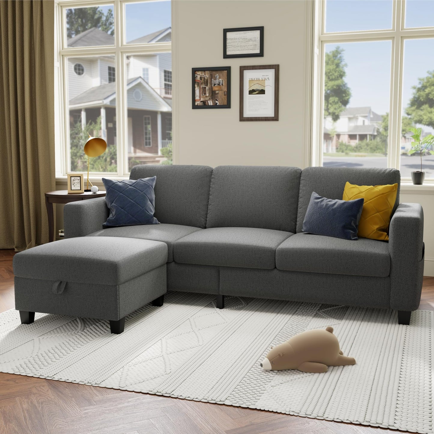 78''L Shaped Dark Grey Linen Couch 3-Seater Convertible Sofas