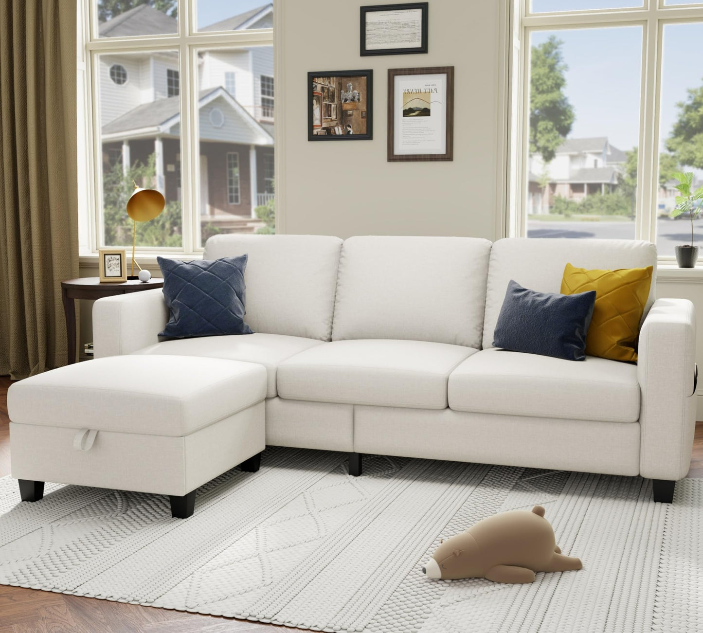 78''L Shaped Dark Grey Linen Couch 3-Seater Convertible Sofas