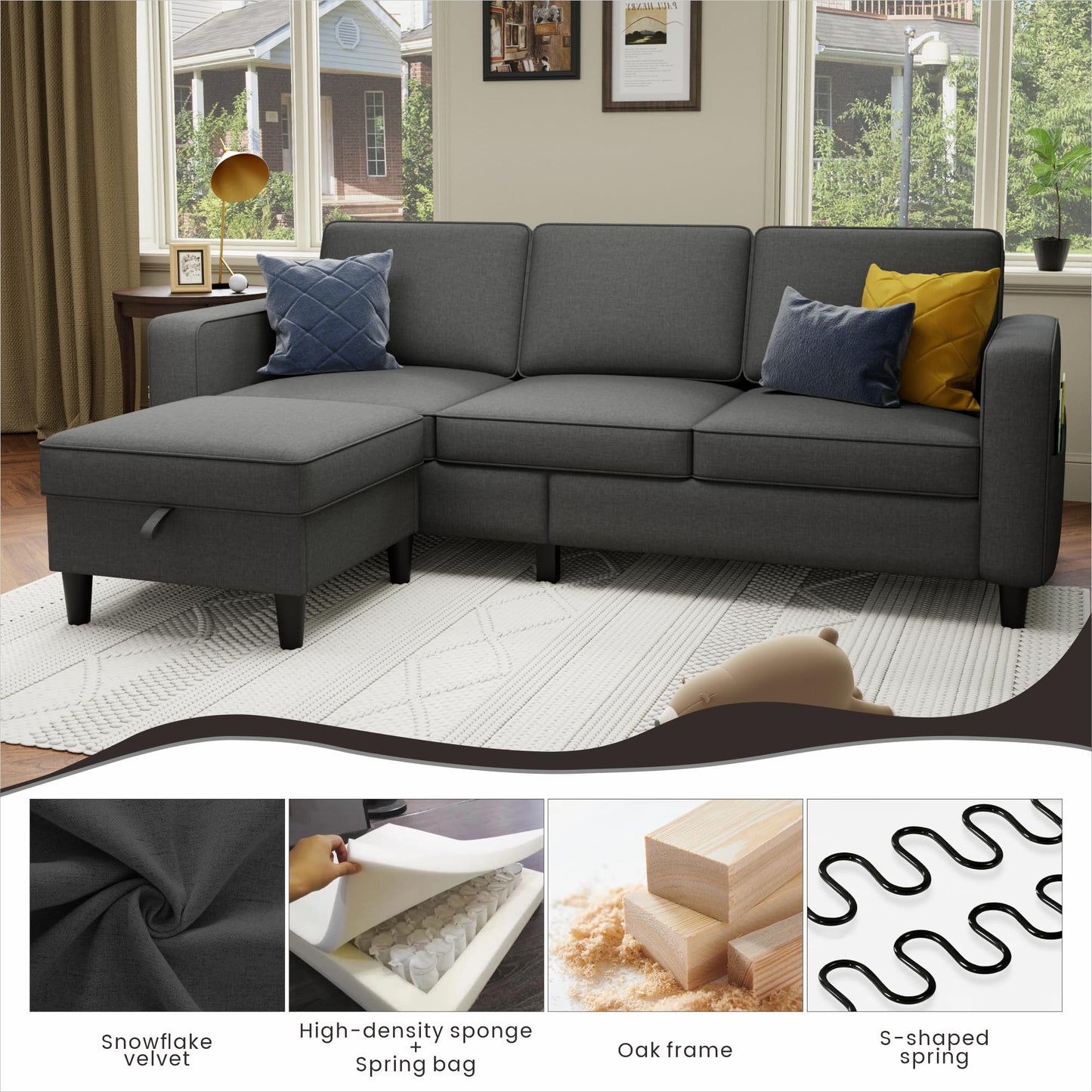 78''L Shaped Dark Grey Linen Couch 3-Seater Convertible Sofas